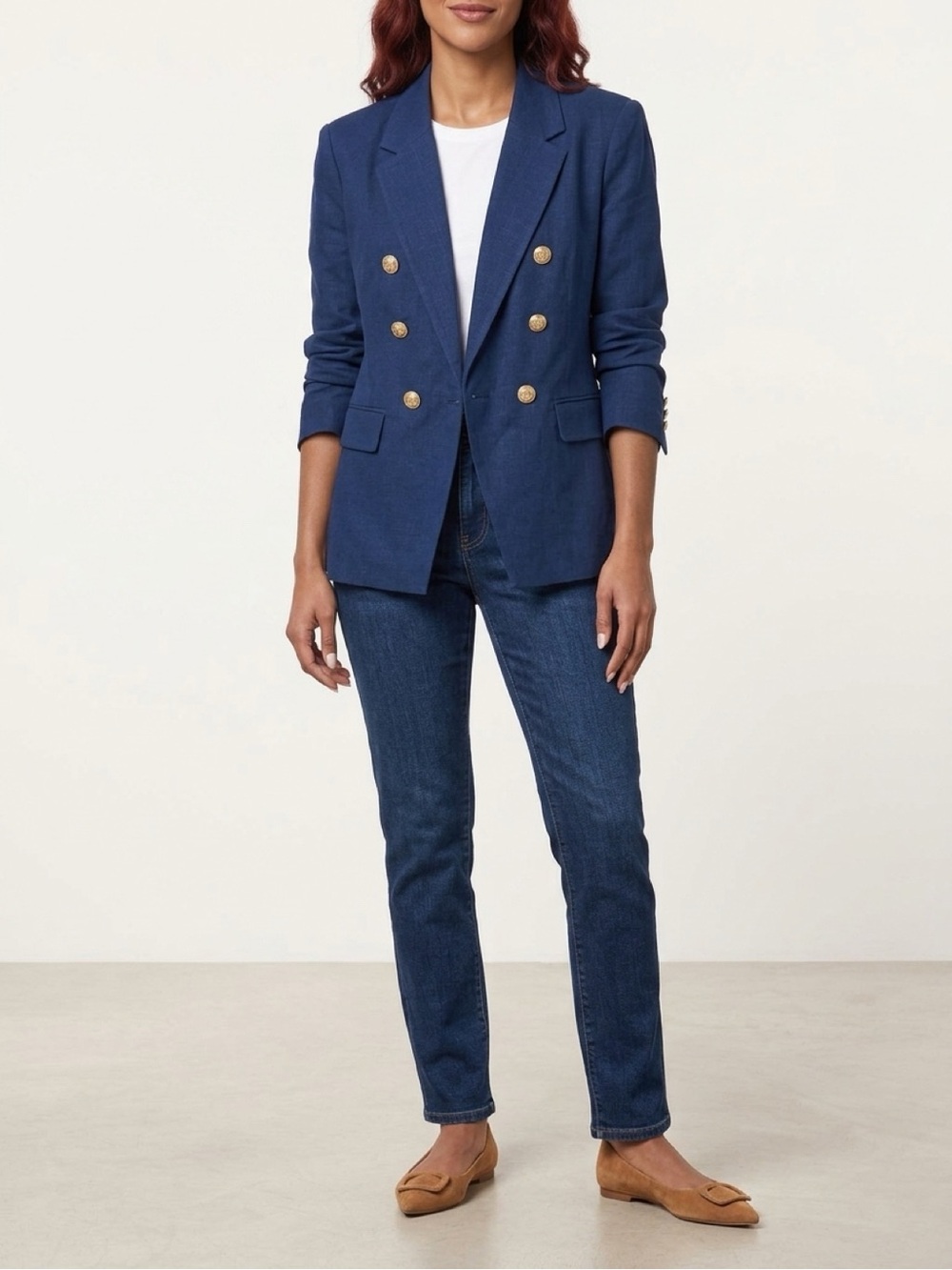 Double-Breasted Cotton/Spandex Navy Blazer with Gold Buttons
